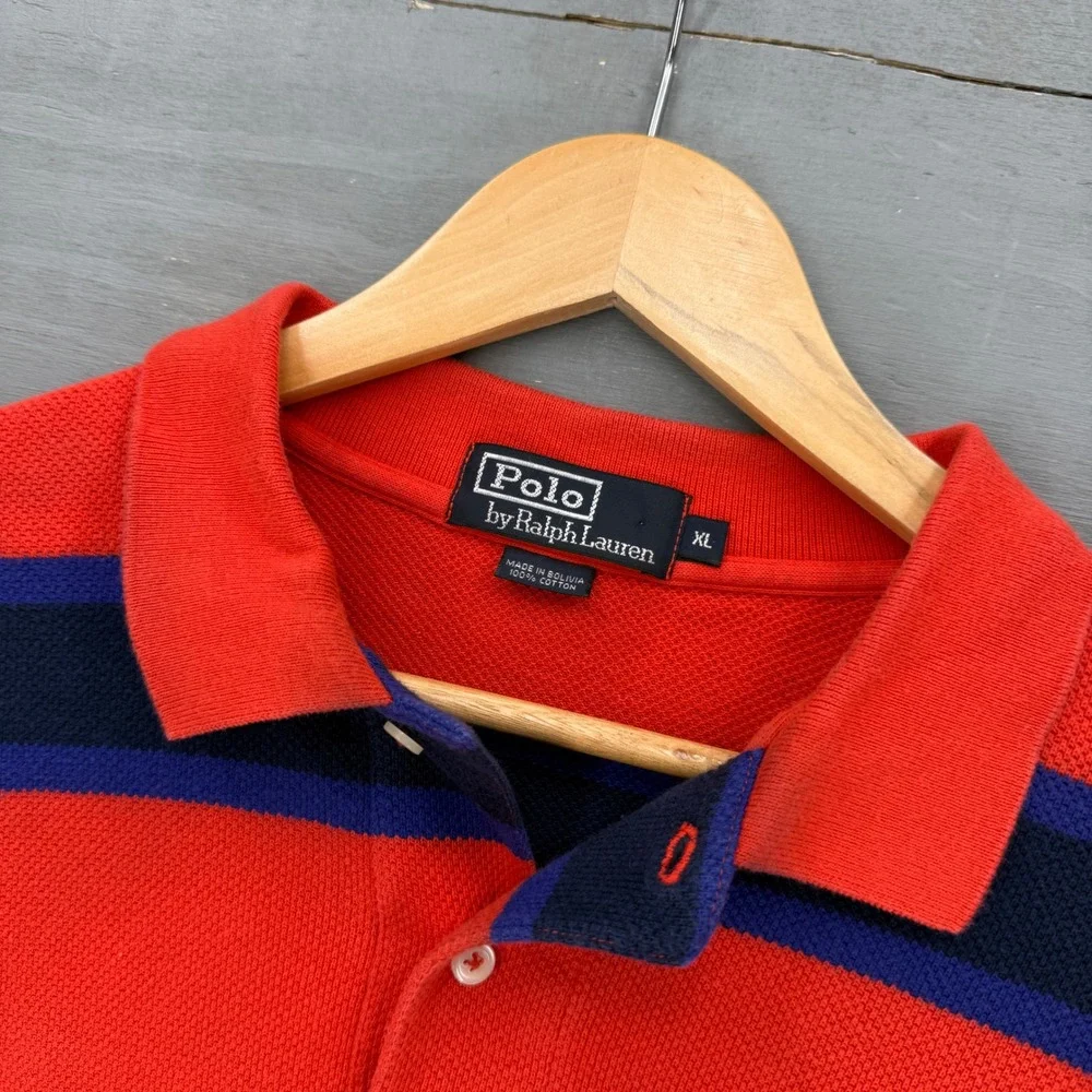 Vintage Polo Ralph Lauren Rugby Polo Shirt Red Navy Striped Long Sleeve XL